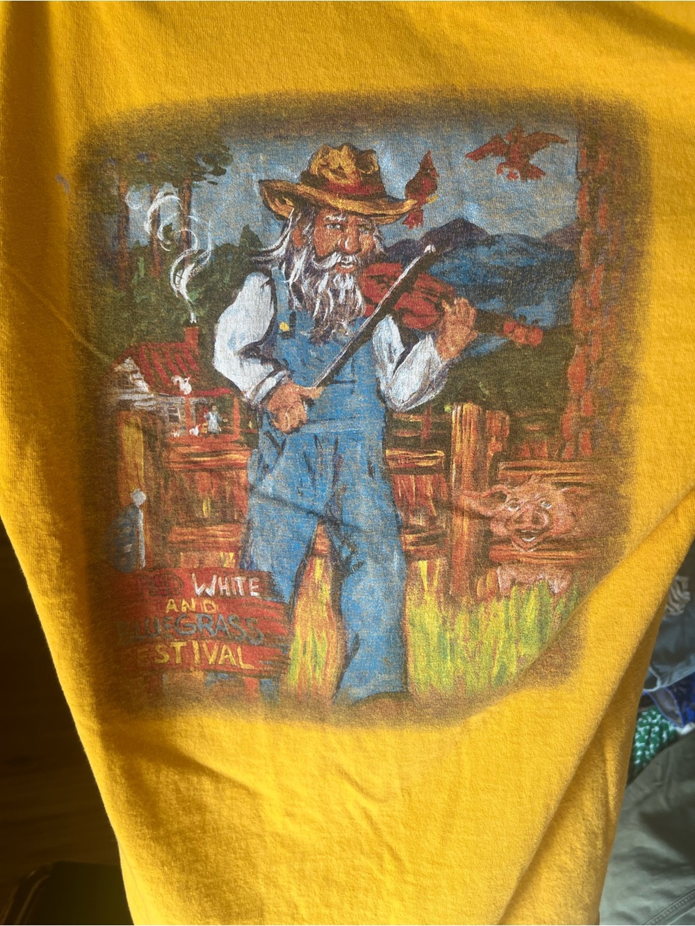 Bluegrass Festival Mustard Yellow Vintage-Style Fiddle Player Graphic Tee